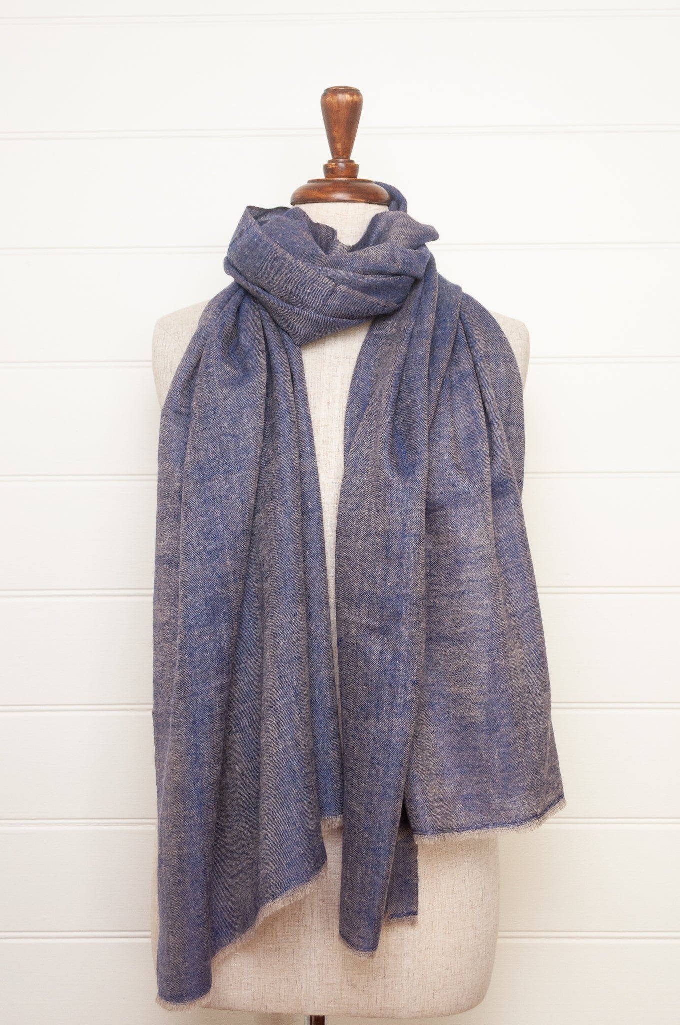 Pure pashmina cashmere wool handwoven scarf in denim blue.