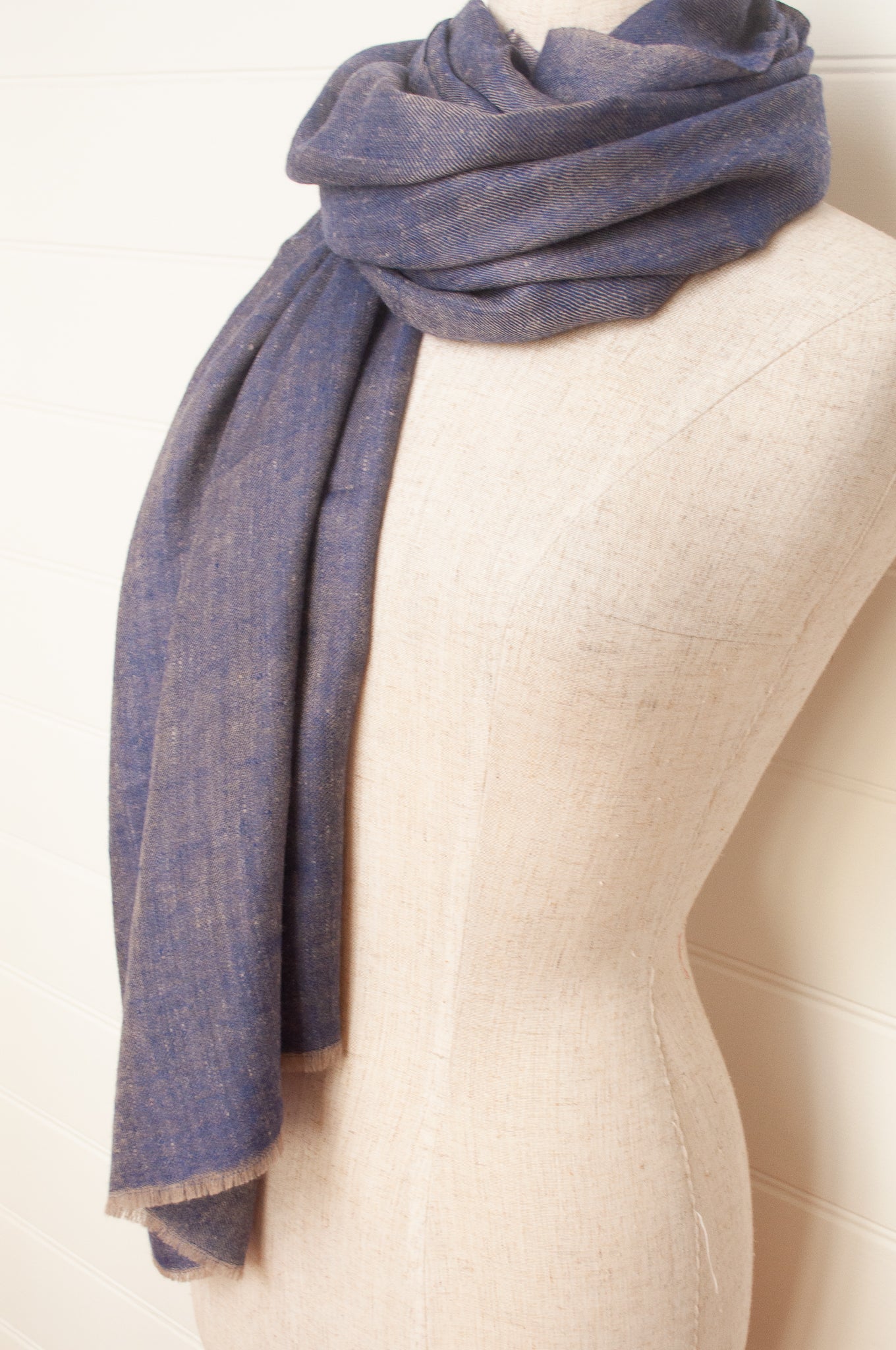 Pure pashmina cashmere wool handwoven scarf in denim blue.