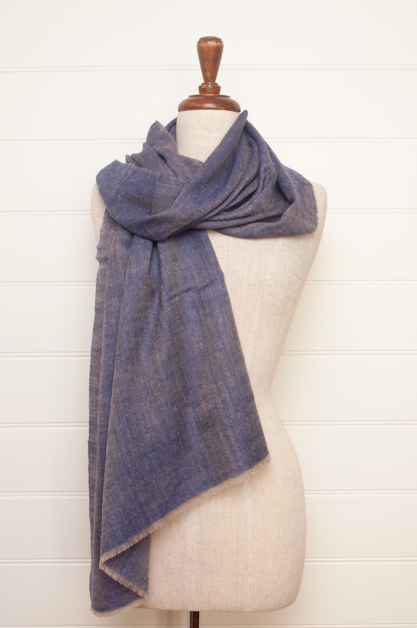 Pure pashmina cashmere wool handwoven scarf in denim blue.