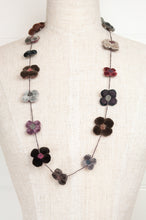 Load image into Gallery viewer, Classic handmade Sophie Digard necklace is a string of beautiful velvet flowers, backed with linen embroidery in a cool winter palette, Dingle.