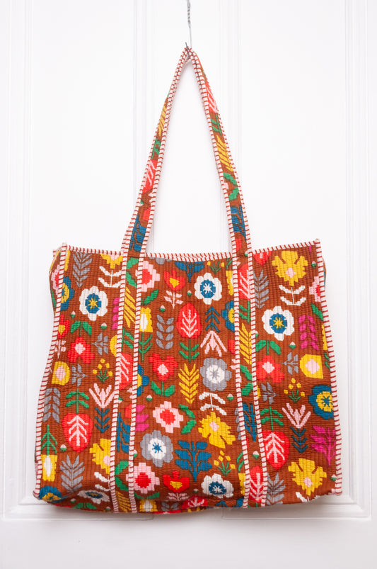 Quilted cotton tote bag - folk
