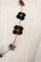 Load image into Gallery viewer, Classic handmade Sophie Digard necklace is a string of beautiful velvet flowers, backed with linen embroidery in a cool winter palette, Dingle.