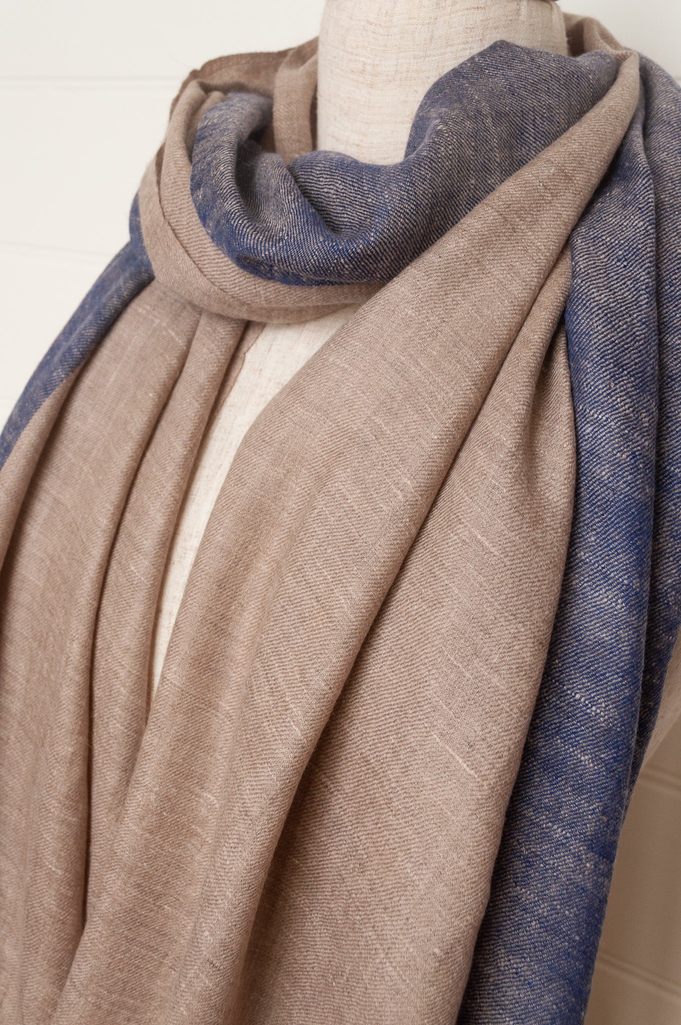 Twill weave pure pashmina handwoven scarf stole in two tone denim blue and natiural.