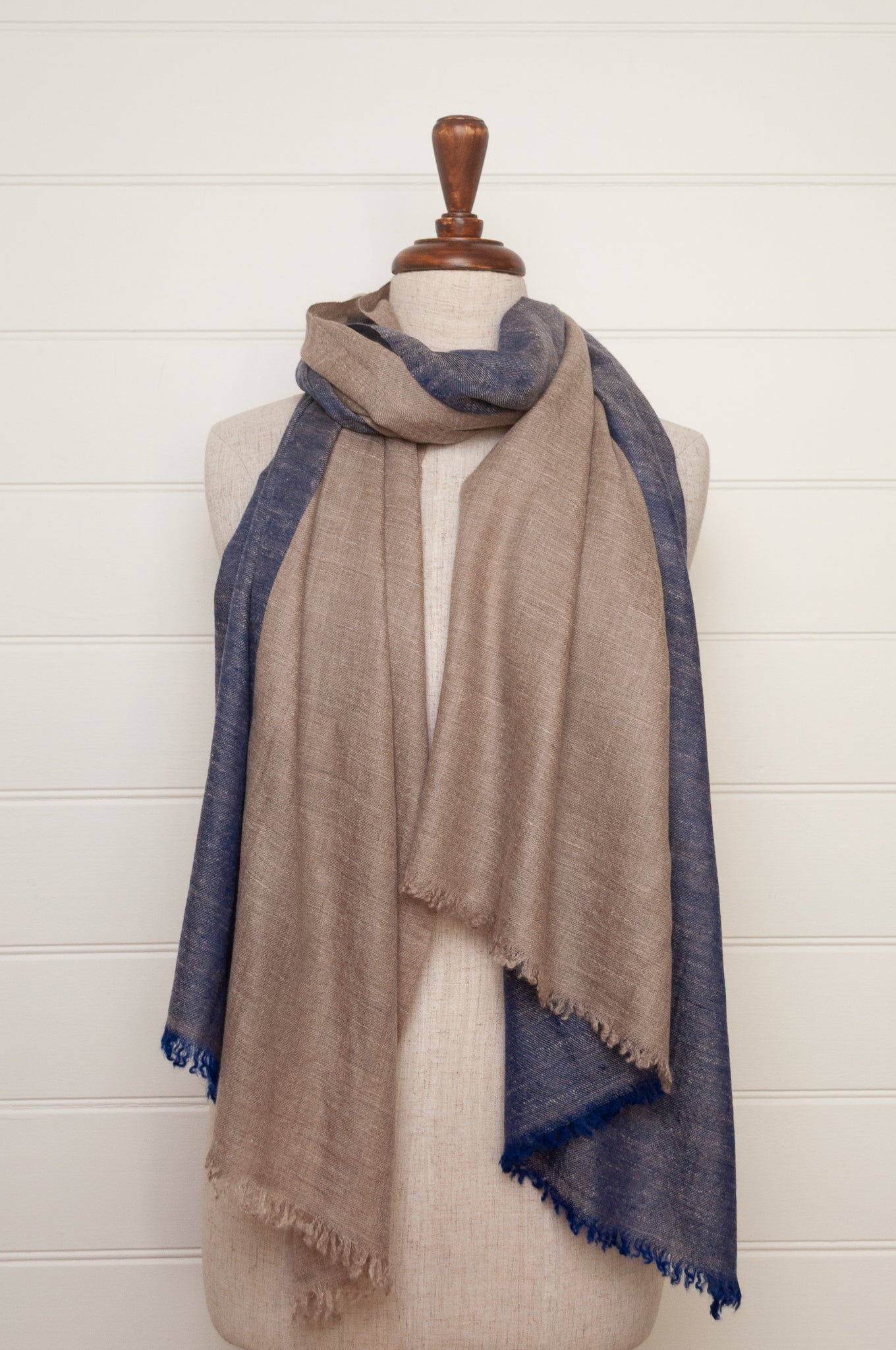 Twill weave pure pashmina handwoven scarf stole in two tone denim blue and natiural.