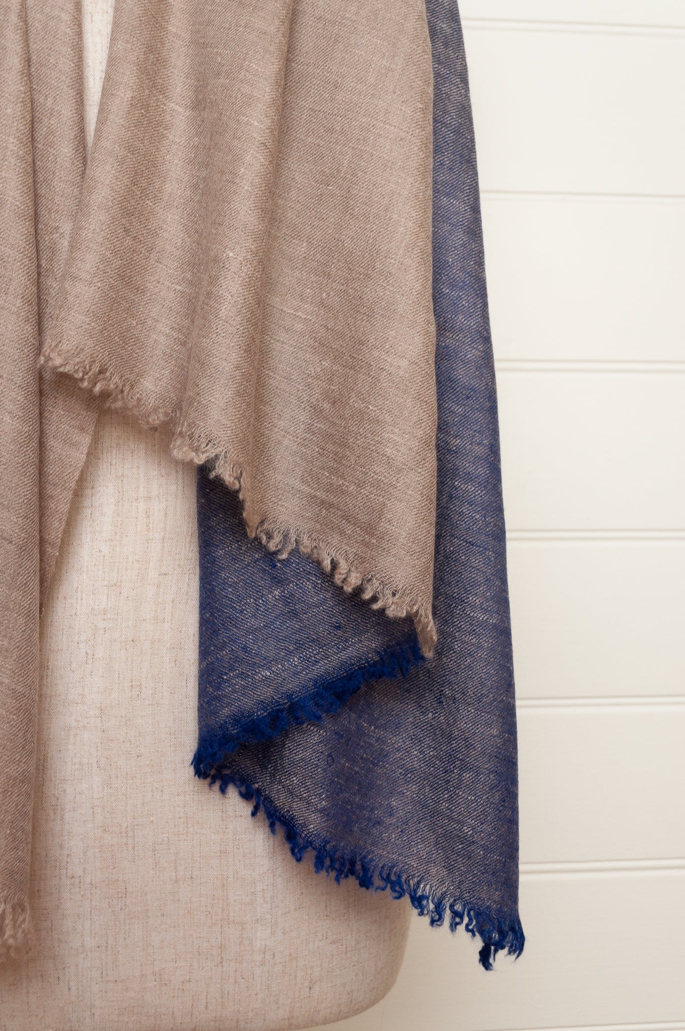 Twill weave pure pashmina handwoven scarf stole in two tone denim blue and natiural.