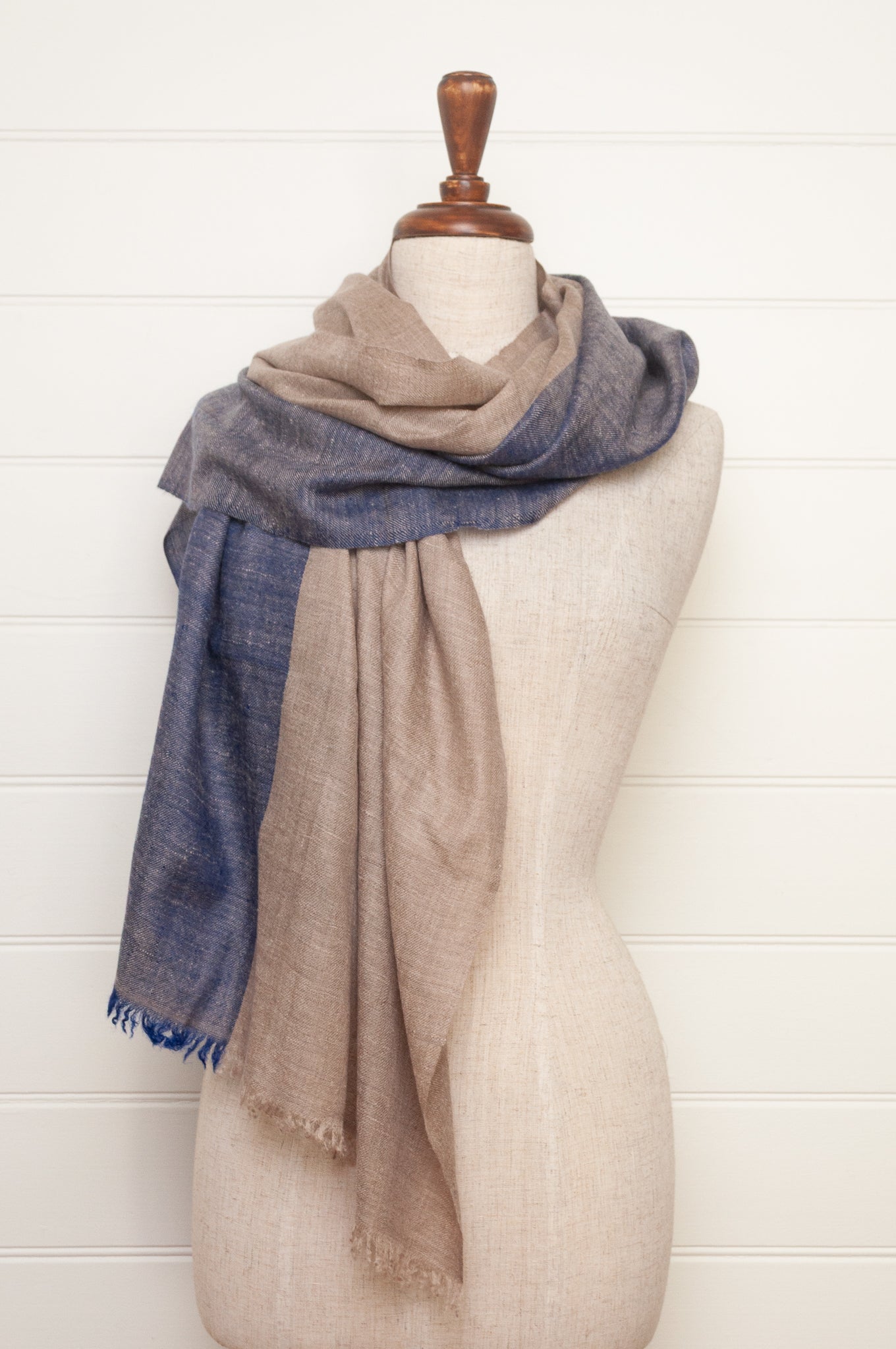 Twill weave pure pashmina handwoven scarf stole in two tone denim blue and natiural.