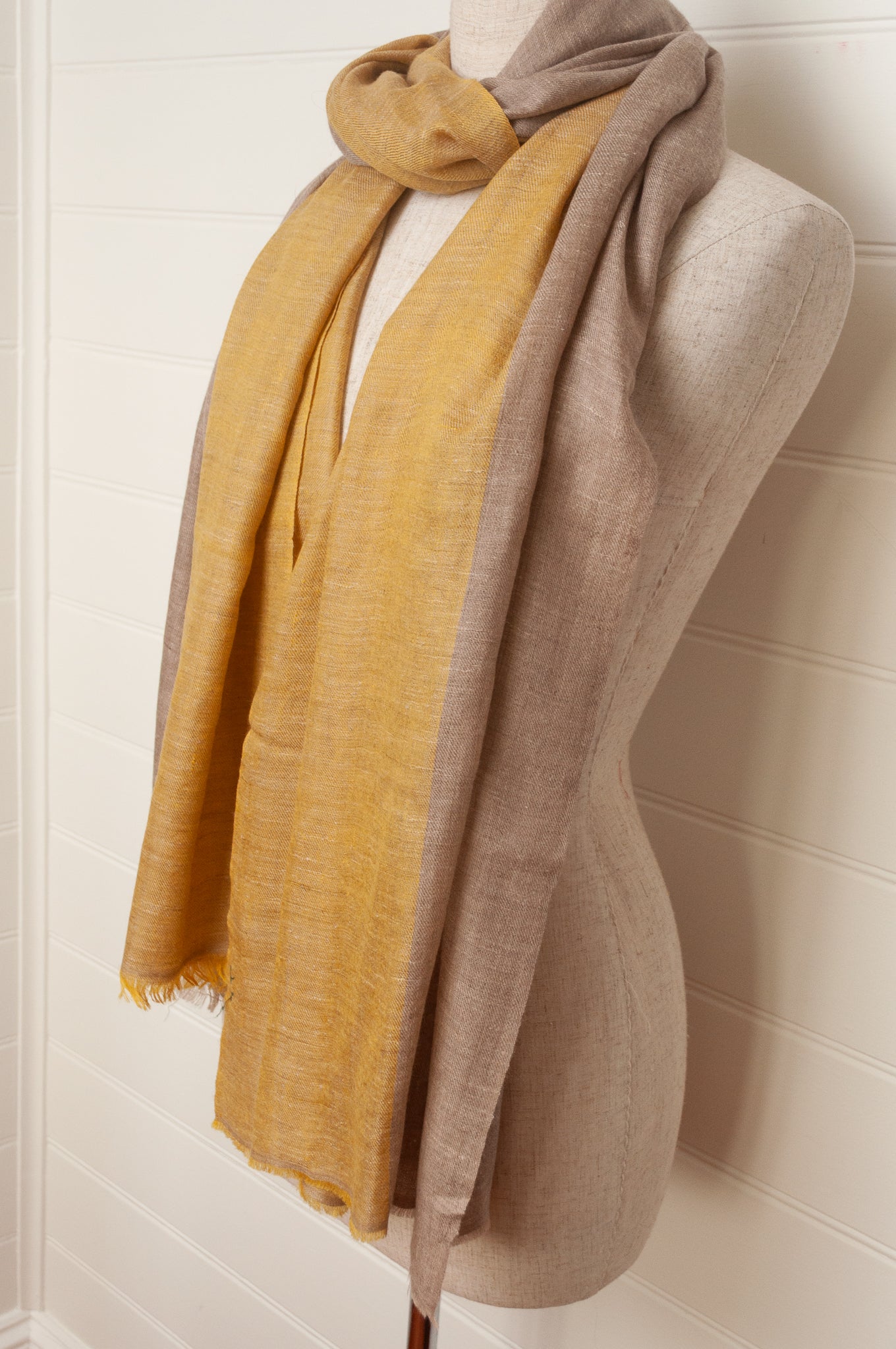 Two tone handwoven pure pashmina scarf stole in natural and yellow gold.
