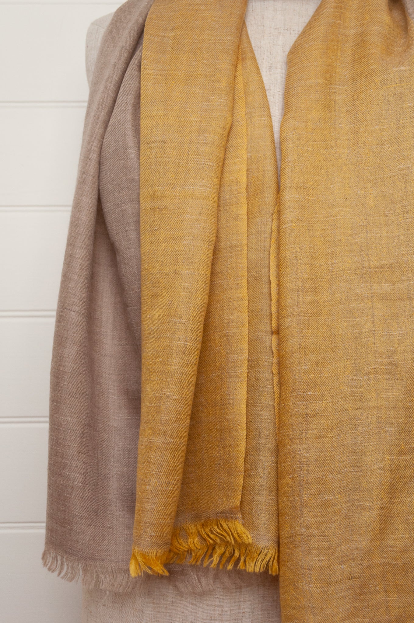 Two tone handwoven pure pashmina scarf stole in natural and yellow gold.
