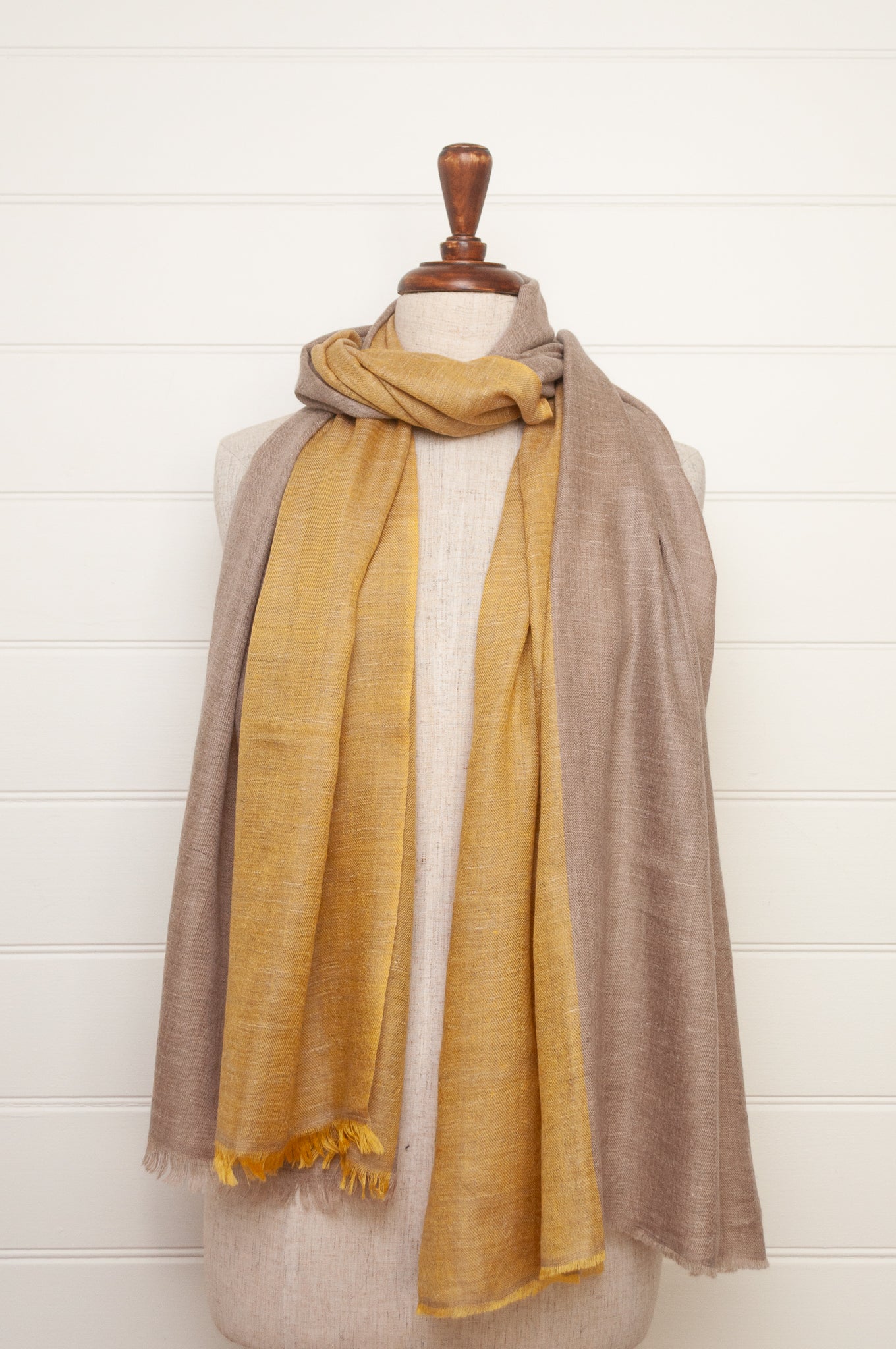 Two tone handwoven pure pashmina scarf stole in natural and yellow gold.