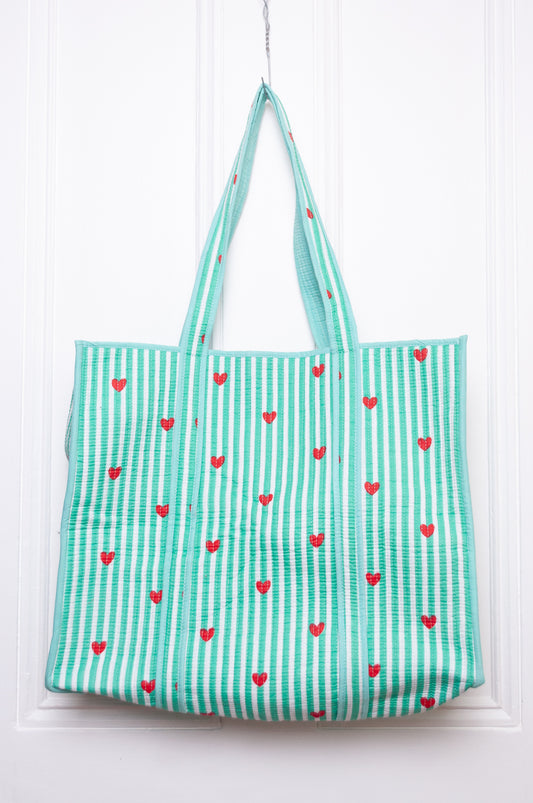 Quilted cotton tote bag - Peppermint hearts