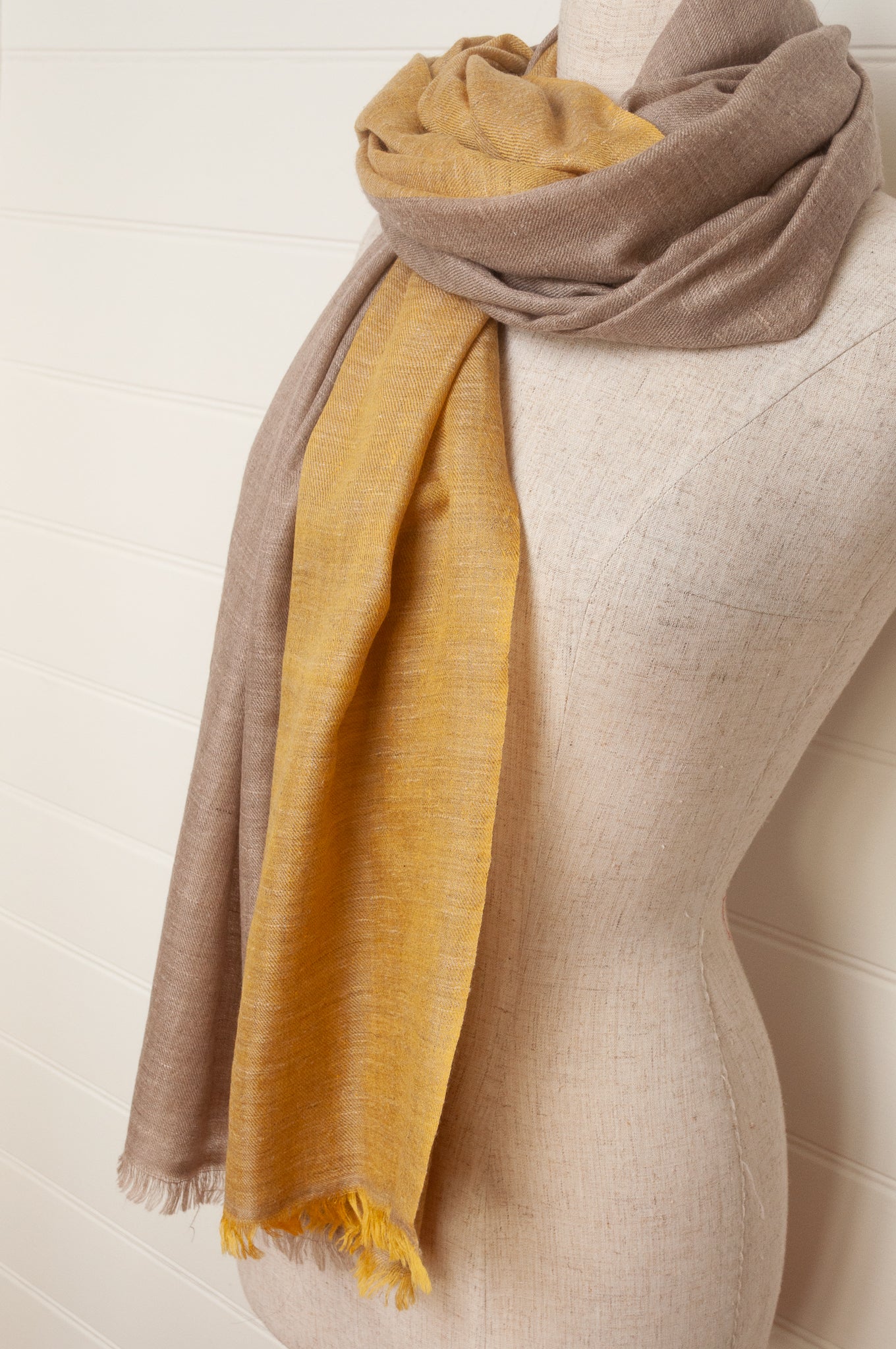 Two tone handwoven pure pashmina scarf stole in natural and yellow gold.