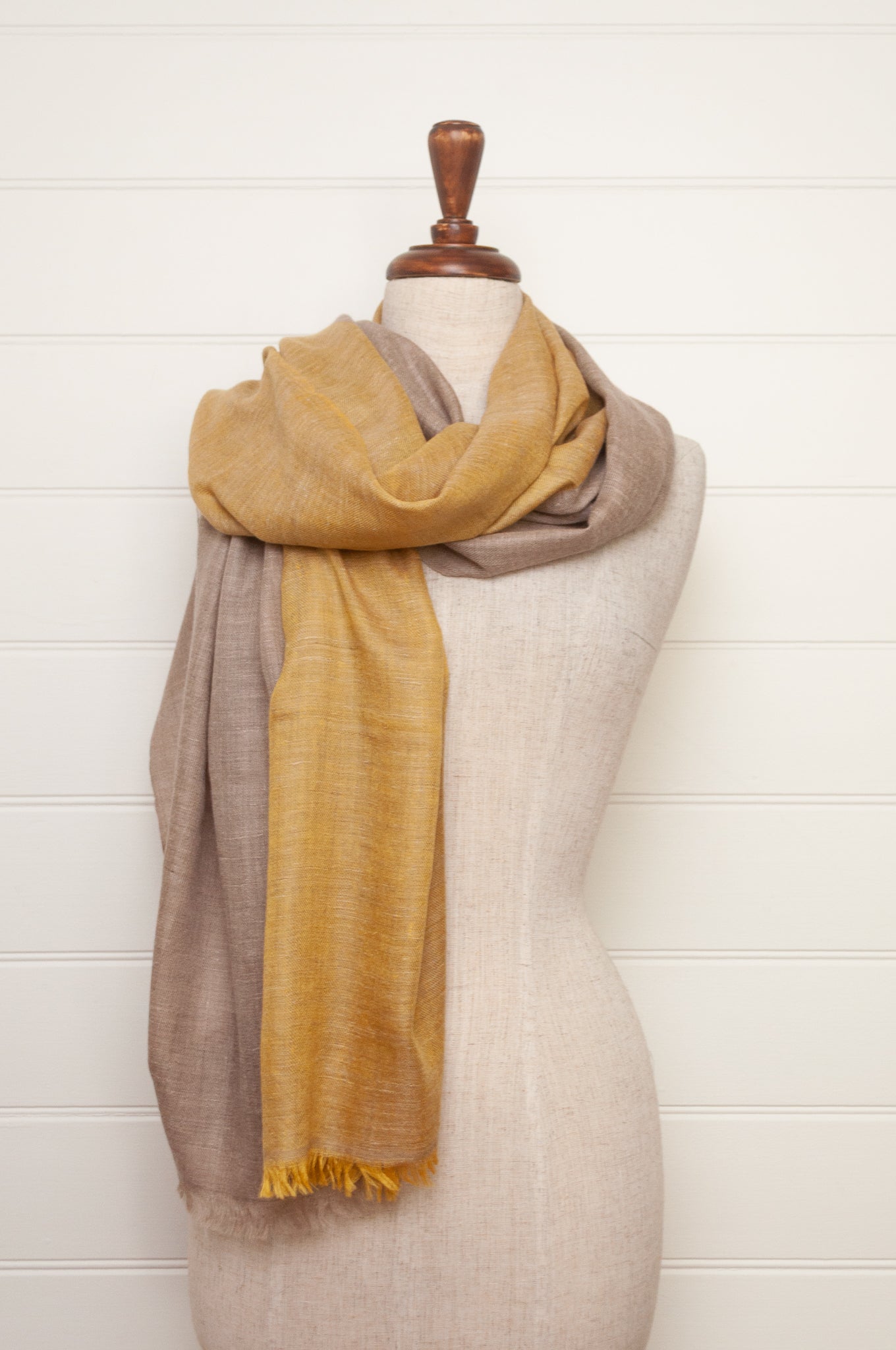 Two tone handwoven pure pashmina scarf stole in natural and yellow gold.