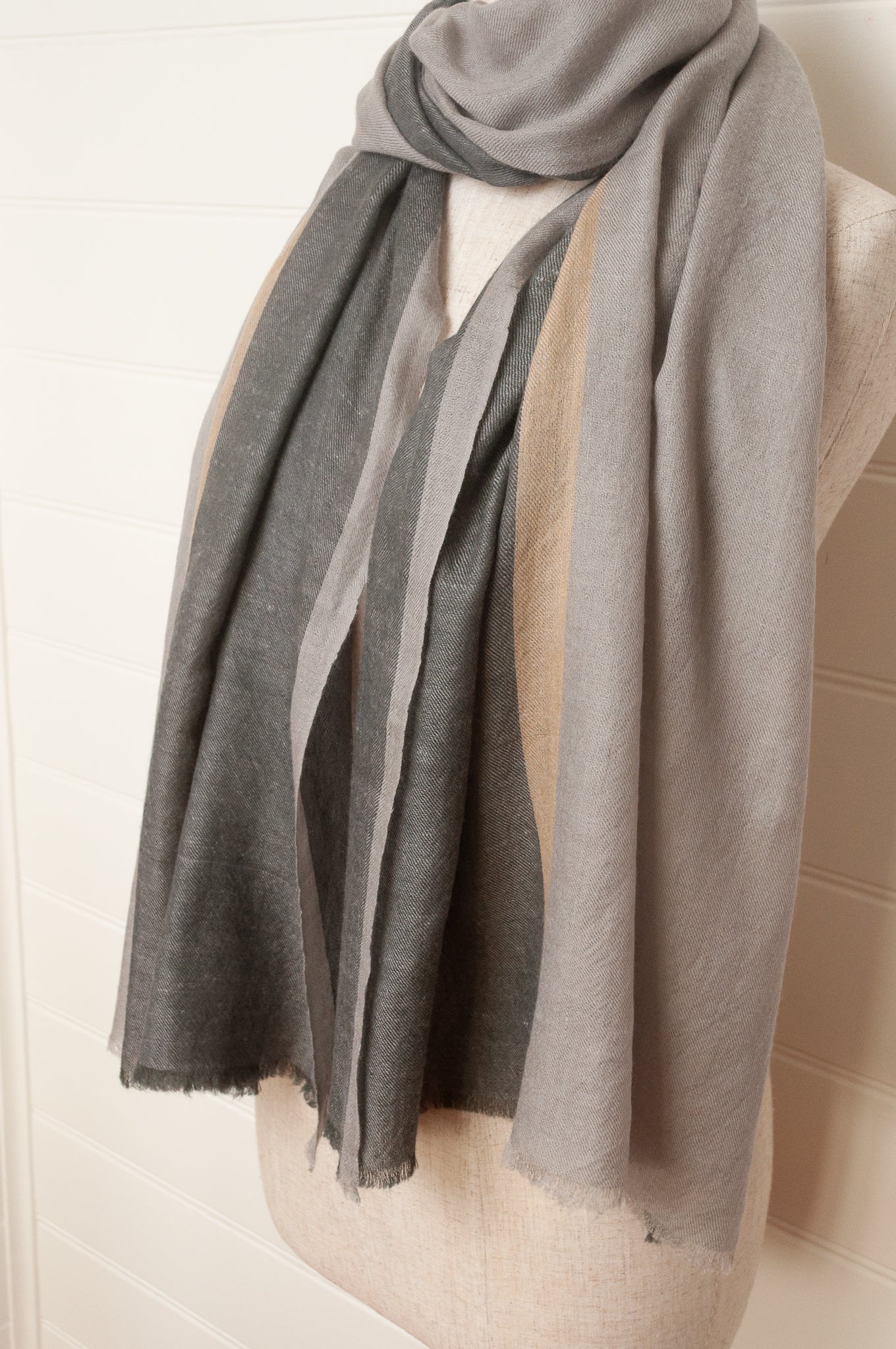 Two tone handwoven pure pashmina scarf stole in greys and gold.