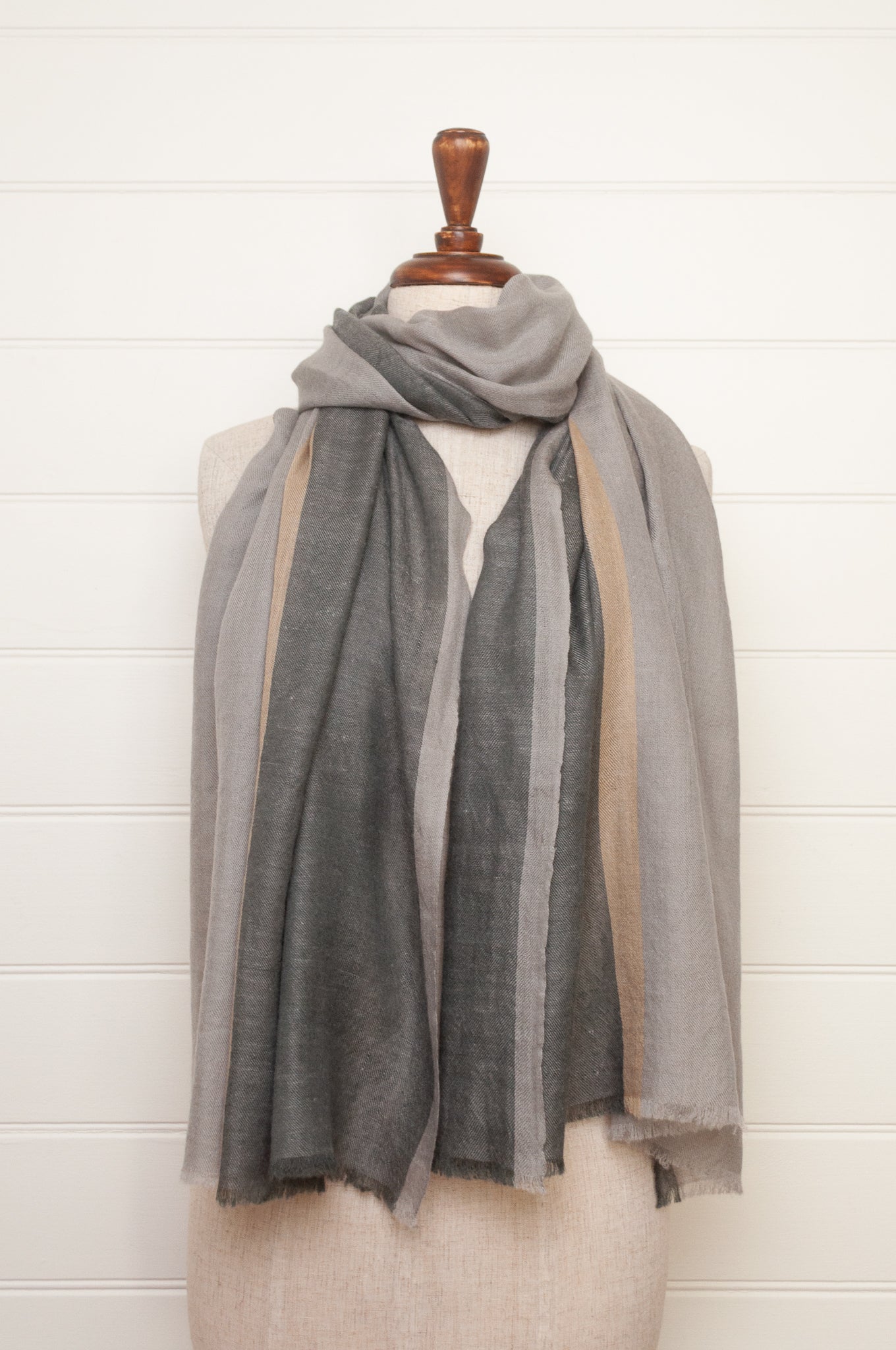 Two tone handwoven pure pashmina scarf stole in greys and gold.