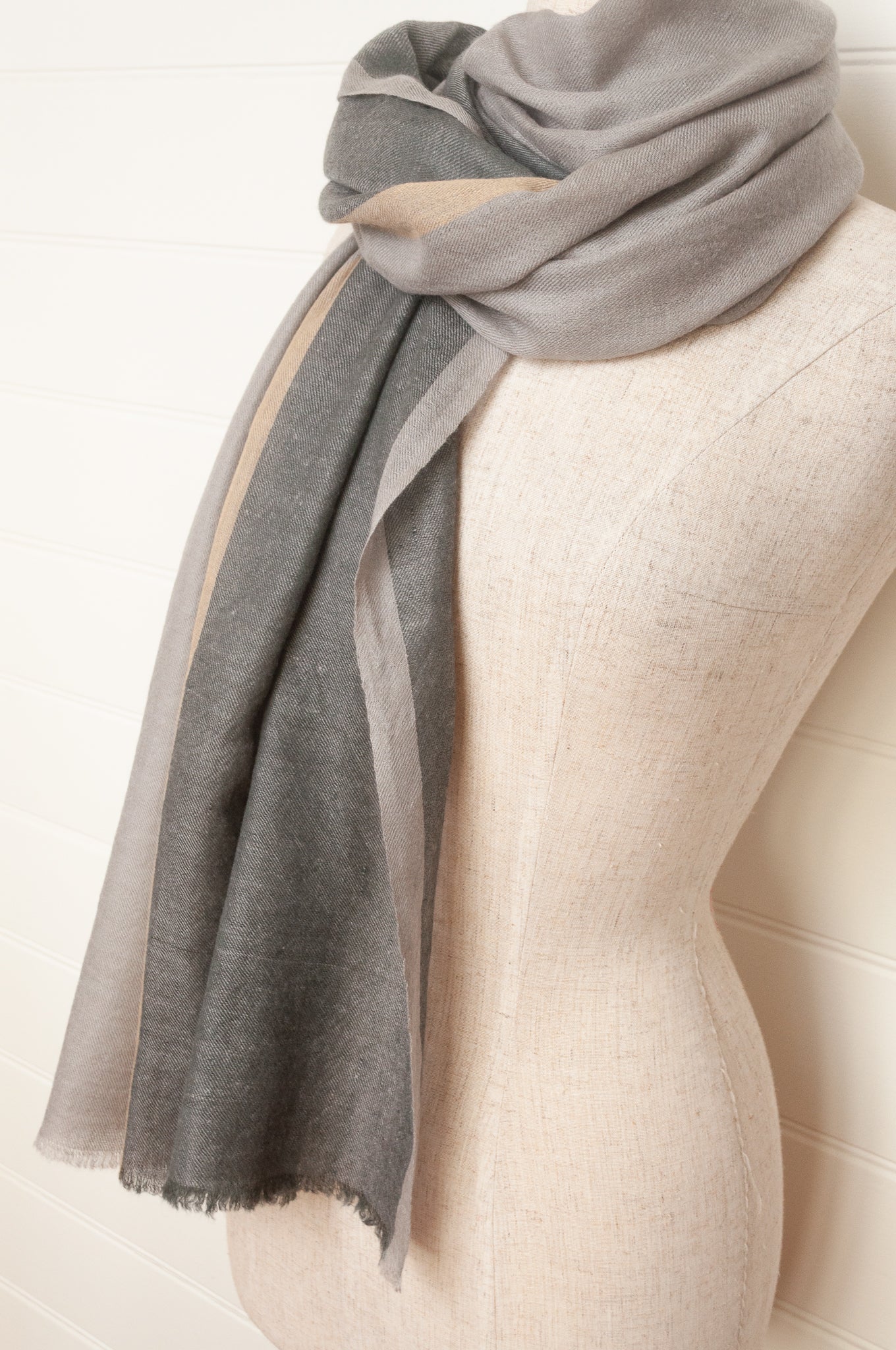 Two tone handwoven pure pashmina scarf stole in greys and gold.