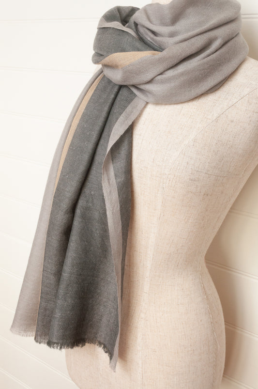 Two tone handwoven pure pashmina scarf stole in greys and gold.