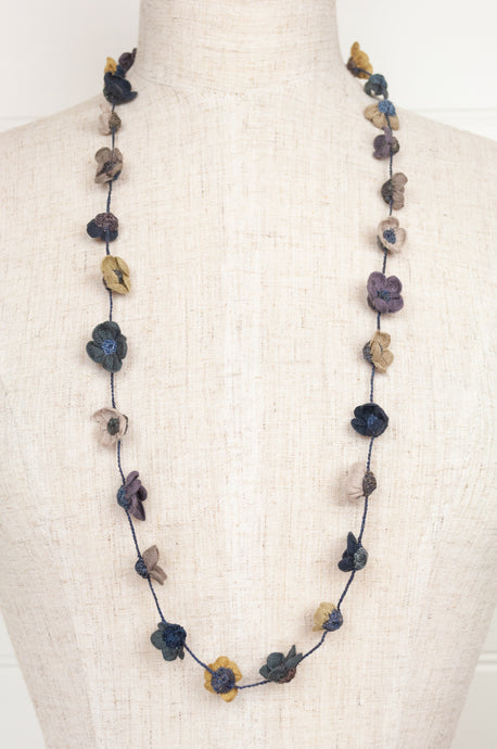 Sophie Digard handmade linen flower necklace in Bantry palette, cool blues, taupe, olive, grey.