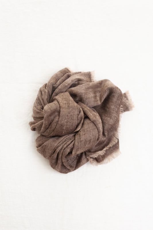 Pure pashmina cashmere wool handwoven scarf in warm chocolate brown.
