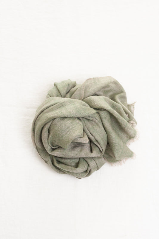 Pure pashmina cashmere wool handwoven scarf in soft sage green.