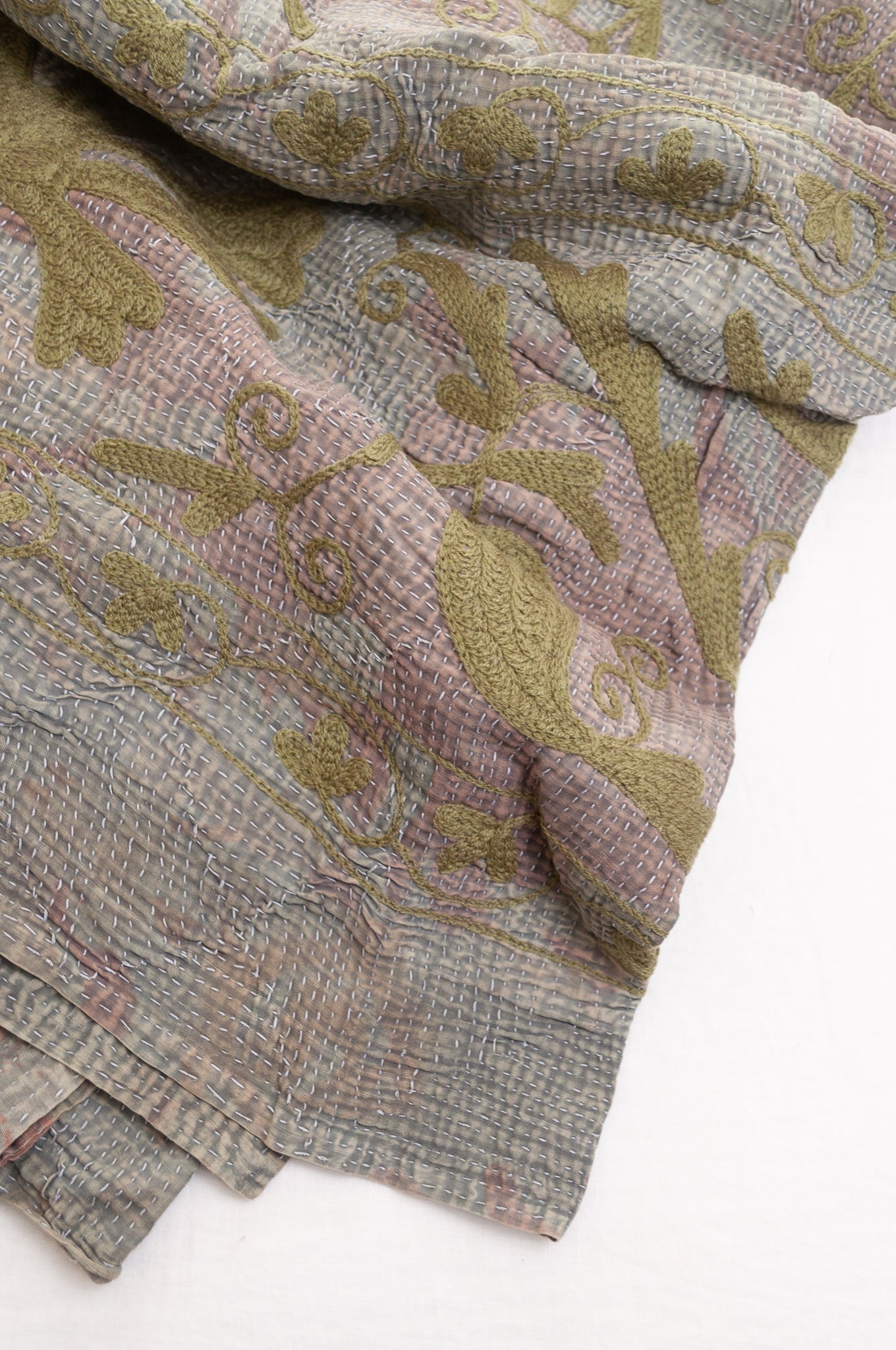 Suzani embroidered vintage kantha quilt - pewter and olive