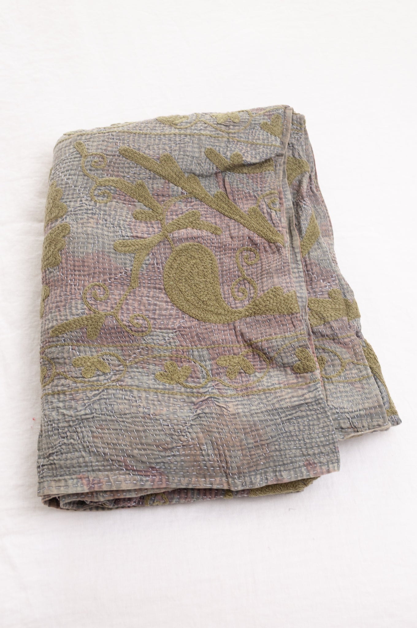 Suzani embroidered vintage kantha quilt - pewter and olive