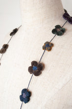 Load image into Gallery viewer, classic Sophie Digard handmade embroidered necklace is a string of beautiful velvet flowers, backed with linen embroidery in shades of chocolate brown, steel blue and deep olive green..