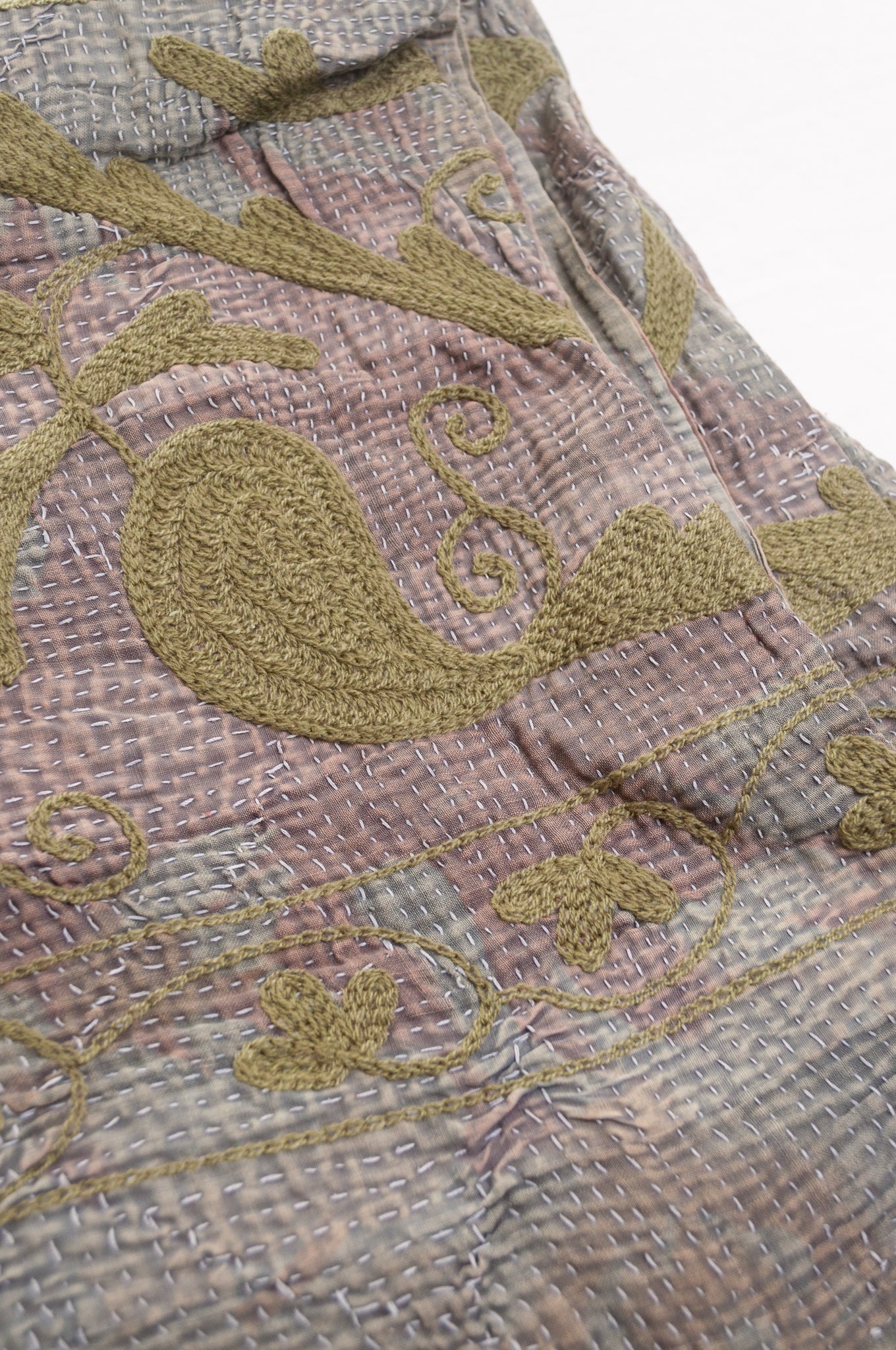 Suzani embroidered vintage kantha quilt - pewter and olive