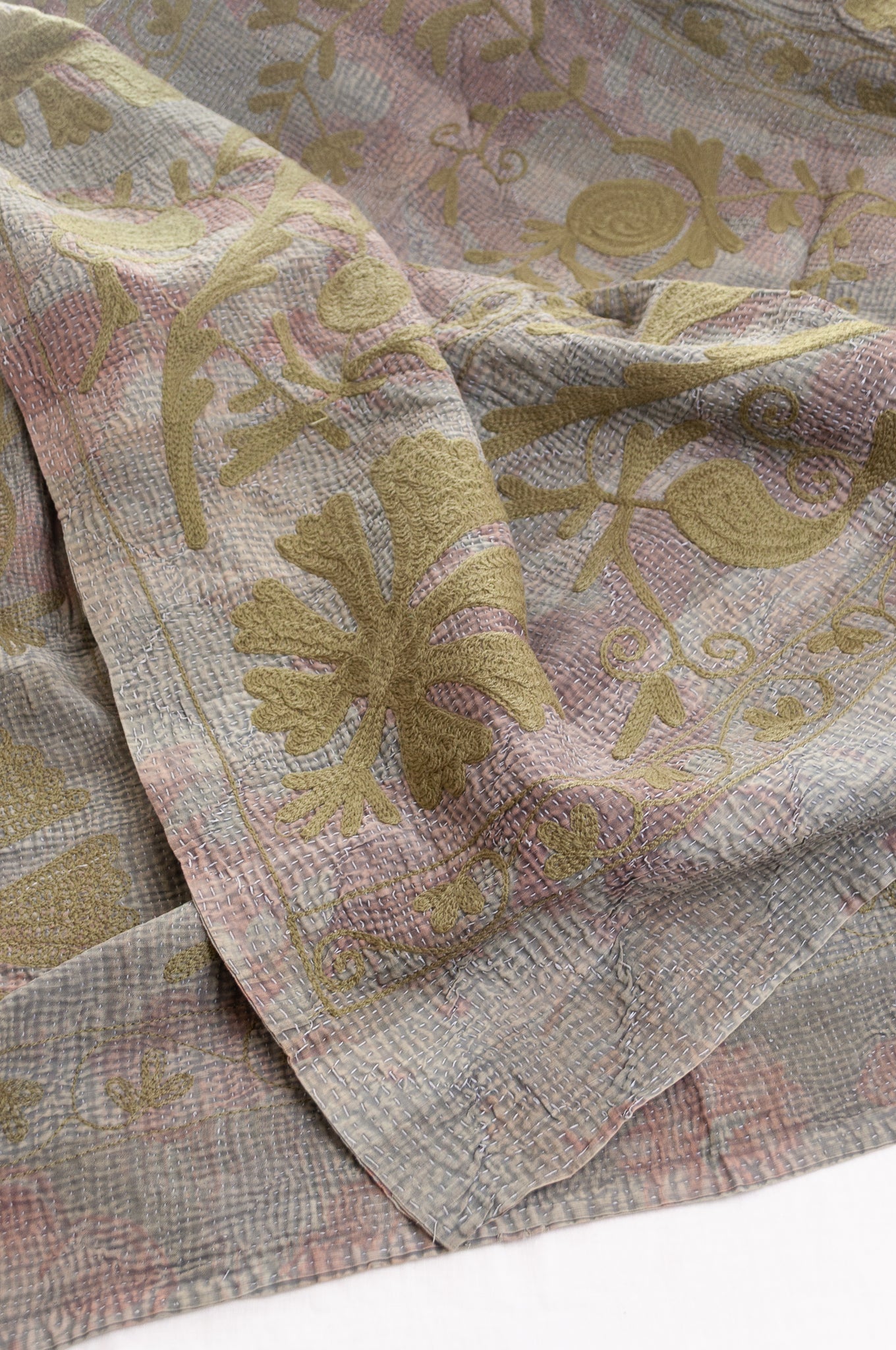 Suzani embroidered vintage kantha quilt - pewter and olive