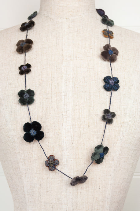 classic Sophie Digard handmade embroidered necklace is a string of beautiful velvet flowers, backed with linen embroidery in shades of chocolate brown, steel blue and deep olive green..