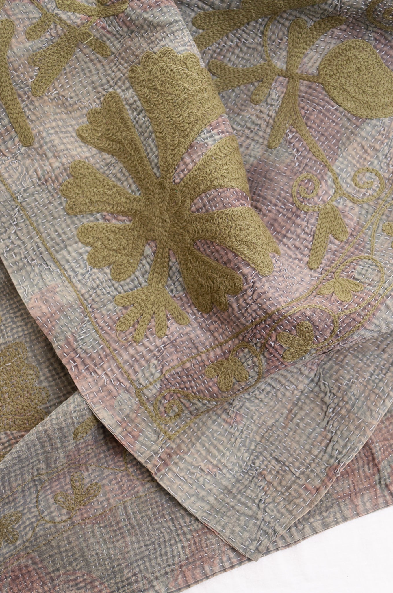 Suzani embroidered vintage kantha quilt - pewter and olive