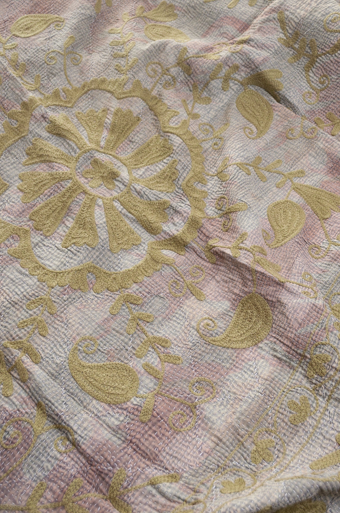 Suzani embroidered vintage kantha quilt - pewter and olive