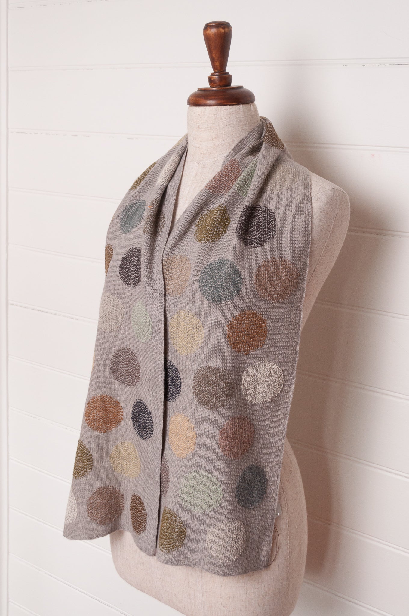 Sophie Digard fine crochet scarf in warm grey with neutral coloured embroidered spots.