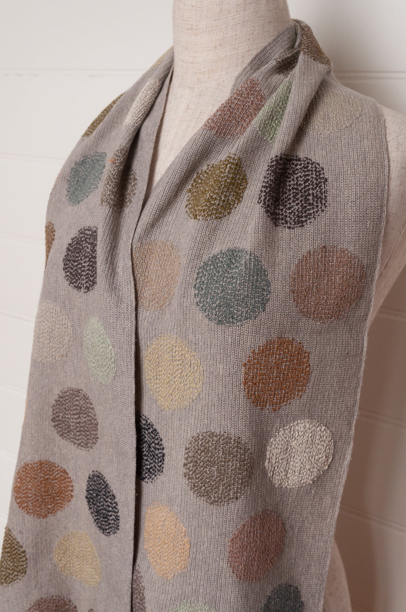 Sophie Digard fine crochet scarf in warm grey with neutral coloured embroidered spots.