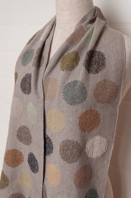 Sophie Digard fine crochet scarf in warm grey with neutral coloured embroidered spots.