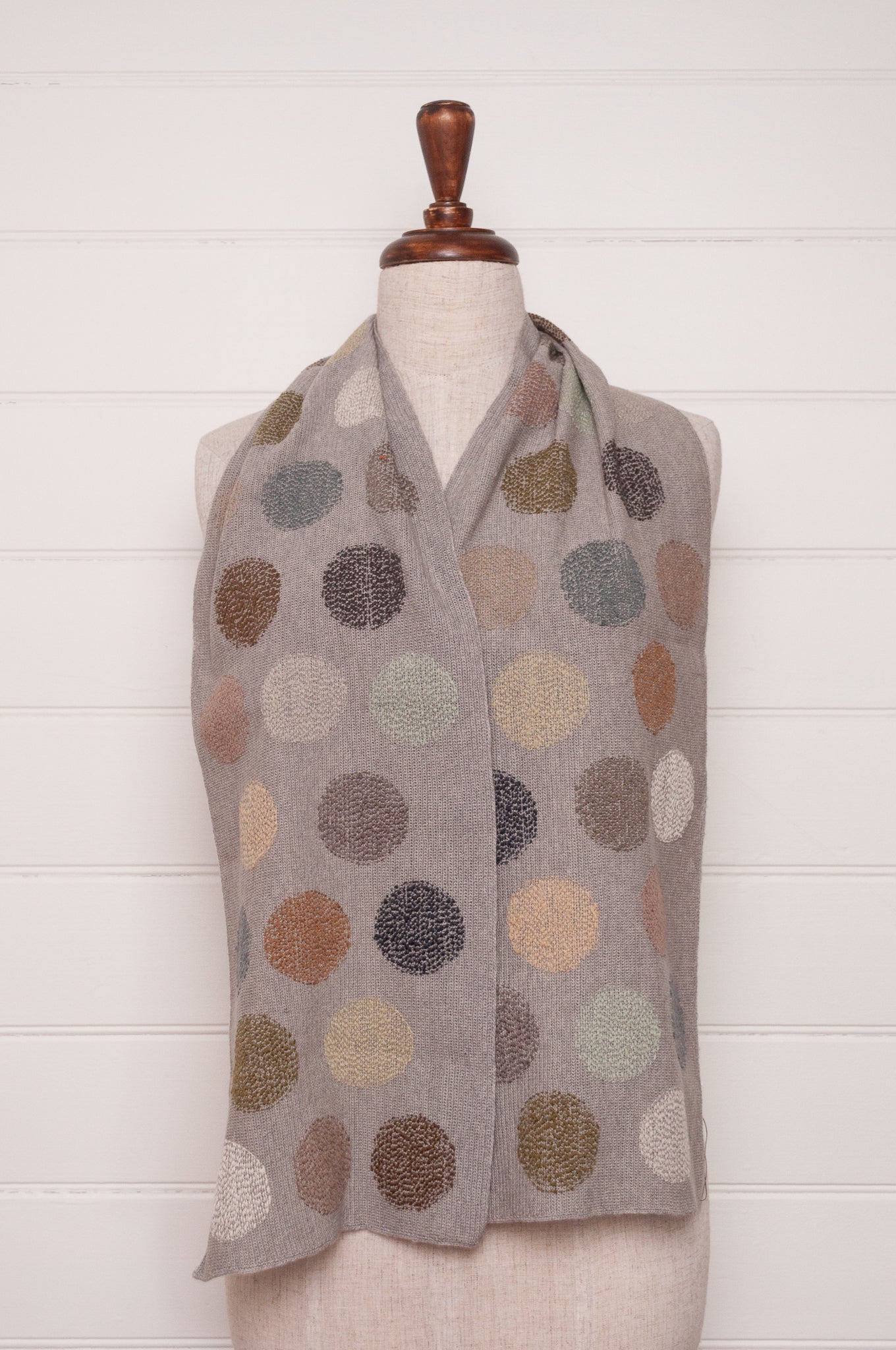 Sophie Digard fine crochet scarf in warm grey with neutral coloured embroidered spots.