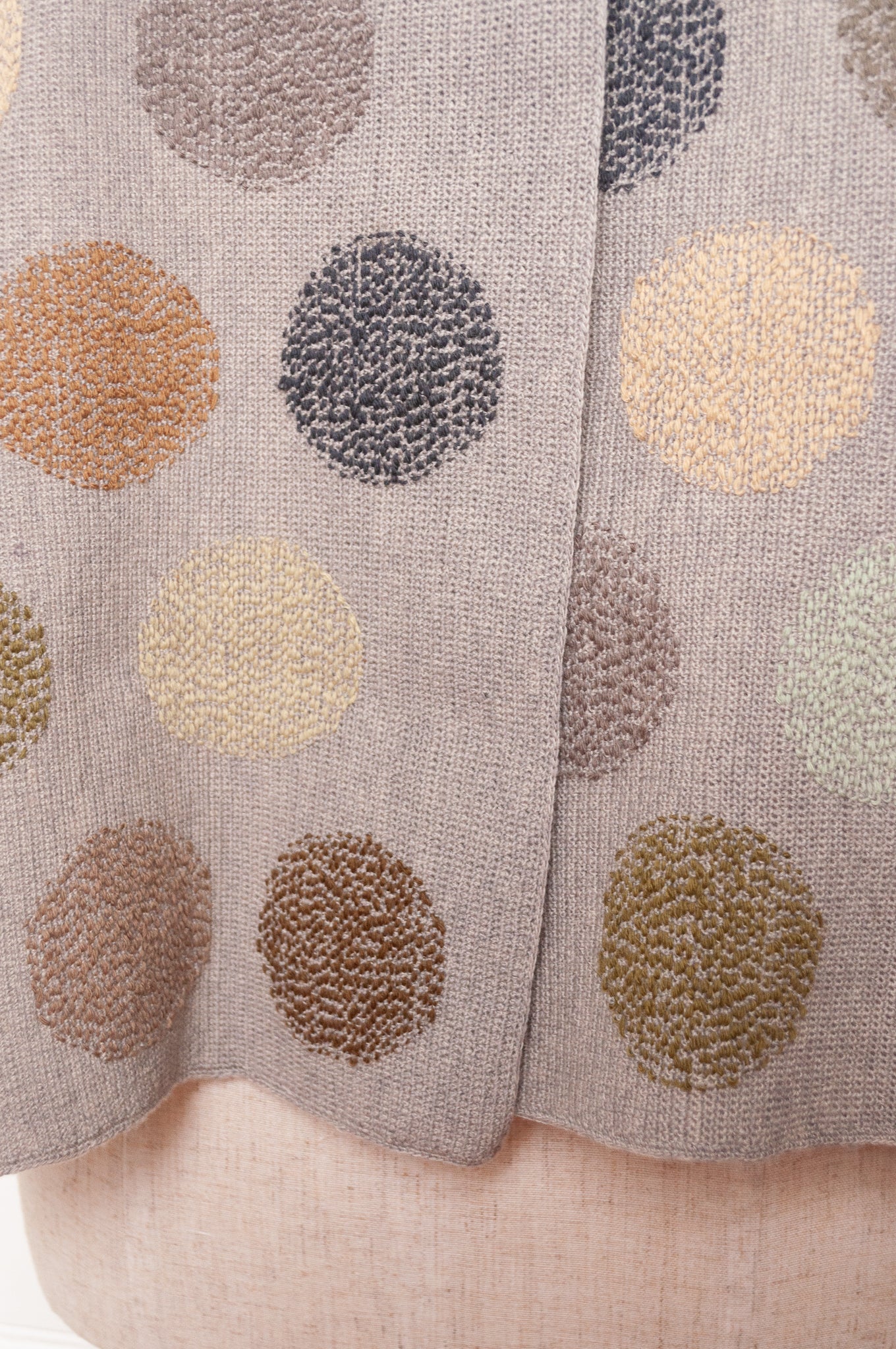 Sophie Digard fine crochet scarf in warm grey with neutral coloured embroidered spots.