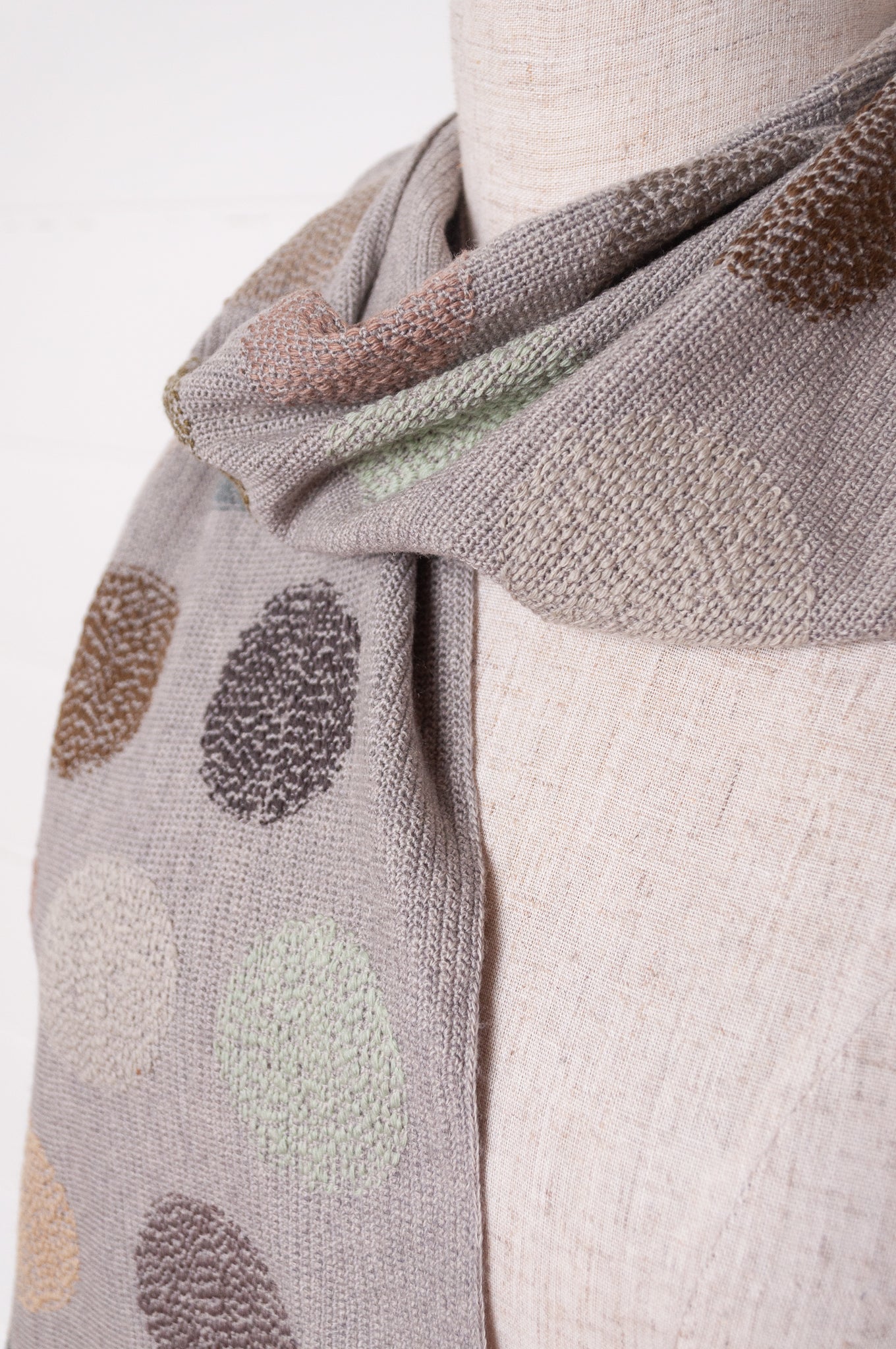 Sophie Digard fine crochet scarf in warm grey with neutral coloured embroidered spots.