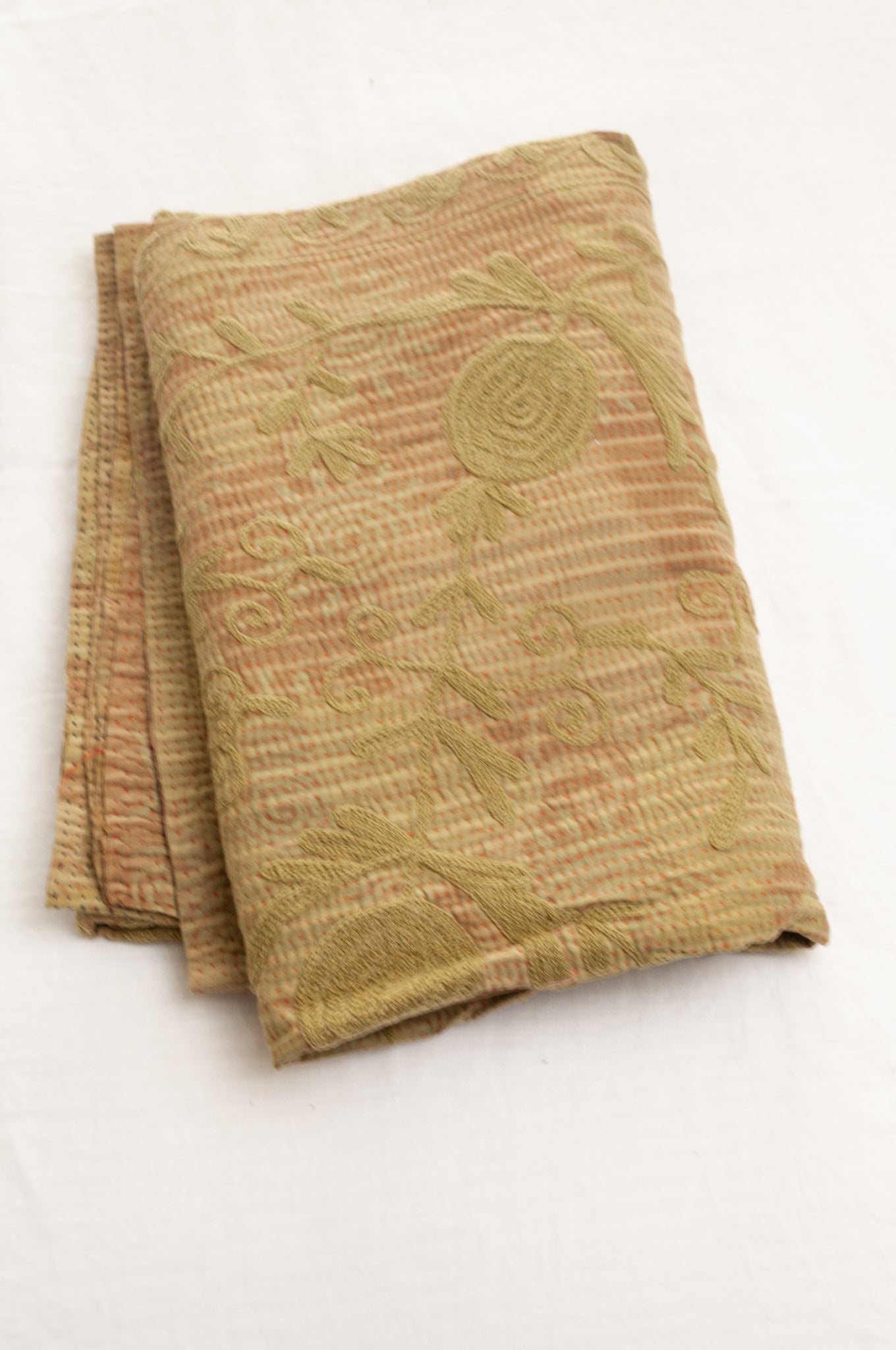 Vintage kantha quilt embroidered Suzani style floral design in olive on mustard stripes.