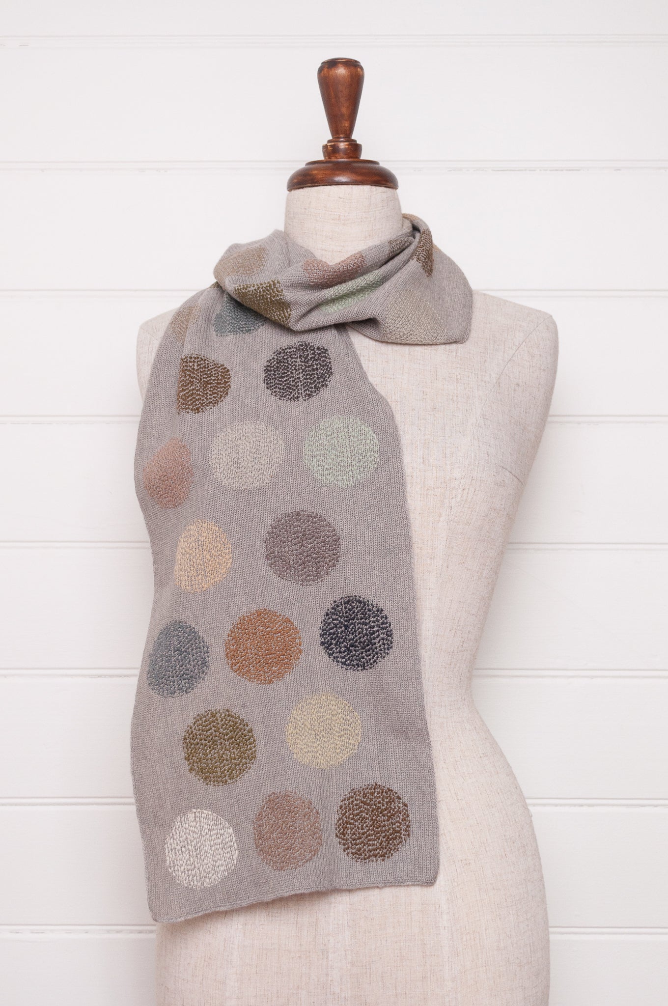 Sophie Digard fine crochet scarf in warm grey with neutral coloured embroidered spots.