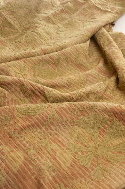 Vintage kantha quilt embroidered Suzani style floral design in olive on mustard stripes.