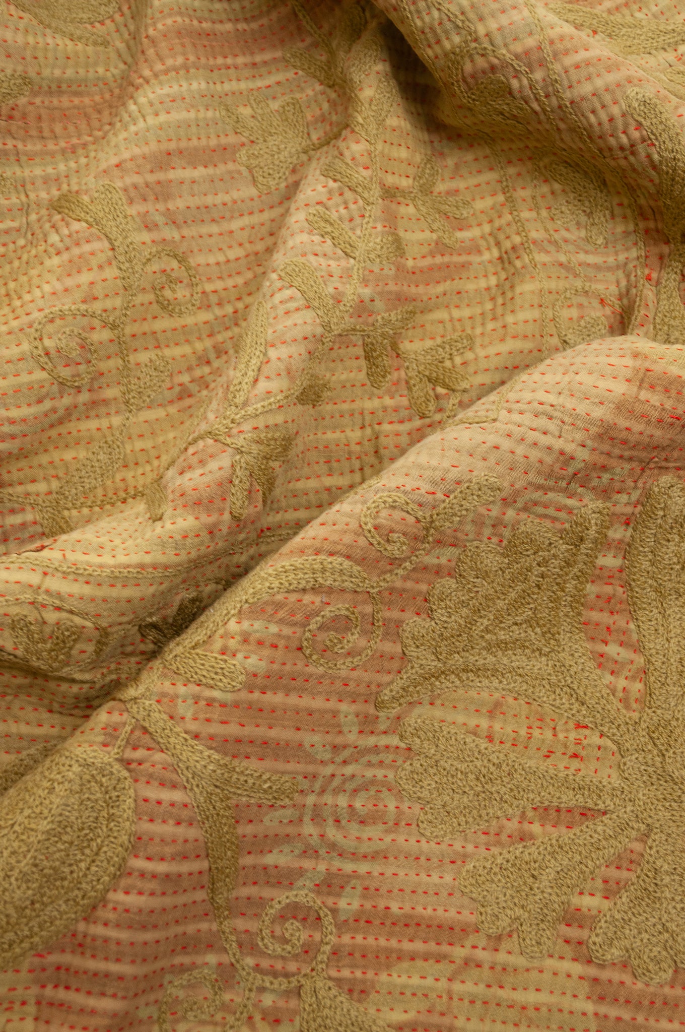 Vintage kantha quilt embroidered Suzani style floral design in olive on mustard stripes.
