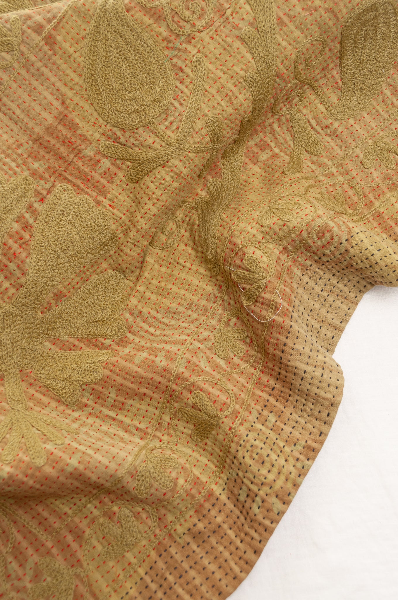 Vintage kantha quilt embroidered Suzani style floral design in olive on mustard stripes.