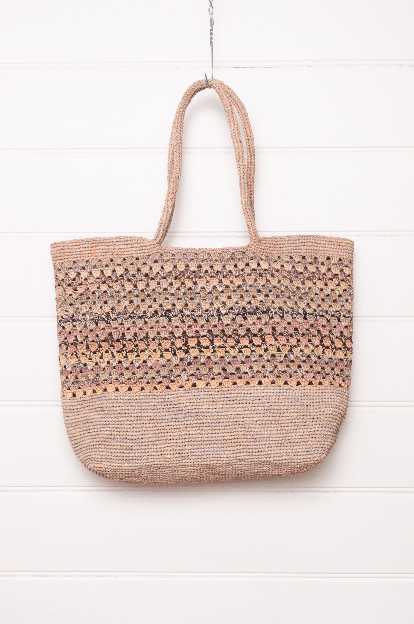 Sophie Digard crochet raffia bag in natural flax with soft multi-coloured stripe panel.