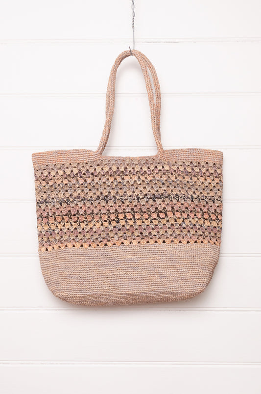 Sophie Digard crochet raffia bag in natural flax with soft multi-coloured stripe panel.