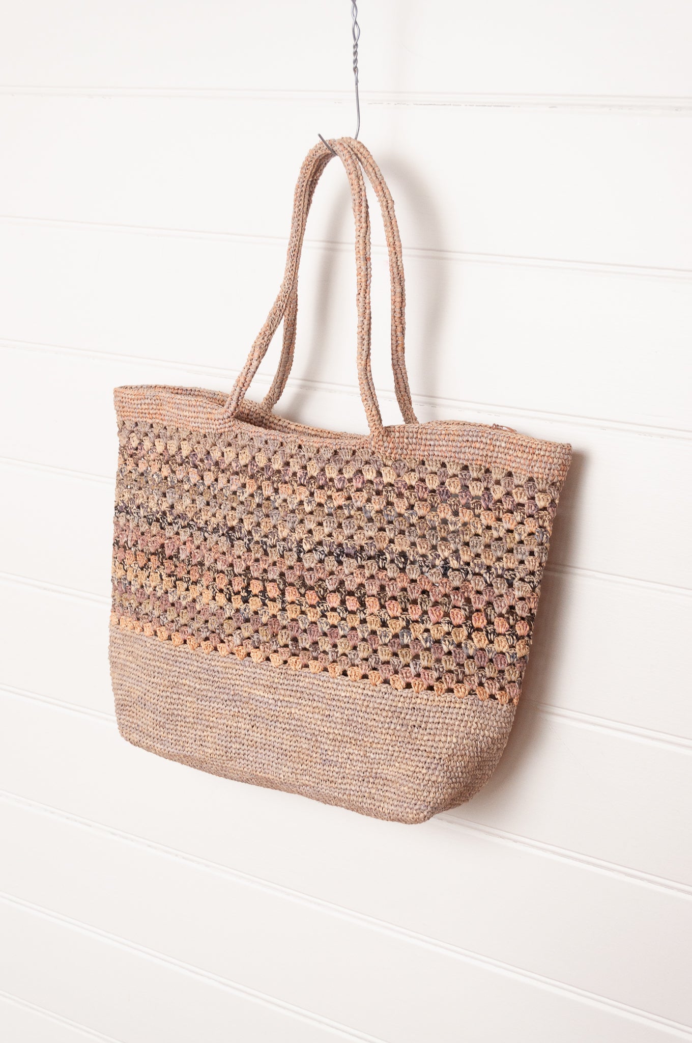 Sophie Digard crochet raffia bag in natural flax with soft multi-coloured stripe panel.