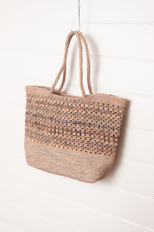 Sophie Digard crochet raffia bag in natural flax with soft multi-coloured stripe panel.