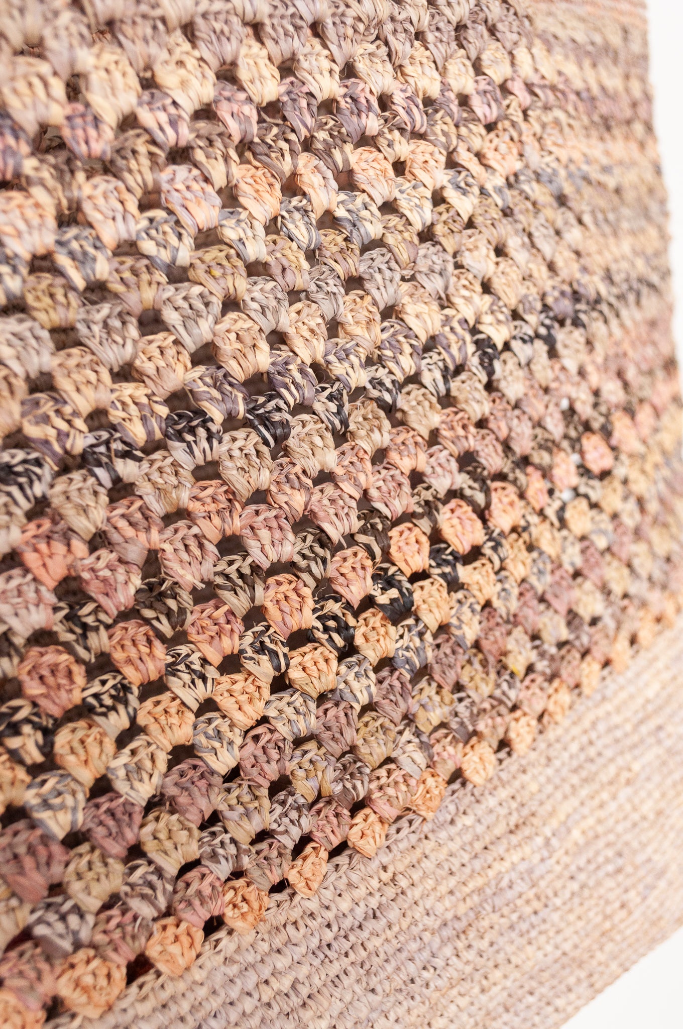 Sophie Digard crochet raffia bag in natural flax with soft multi-coloured stripe panel.