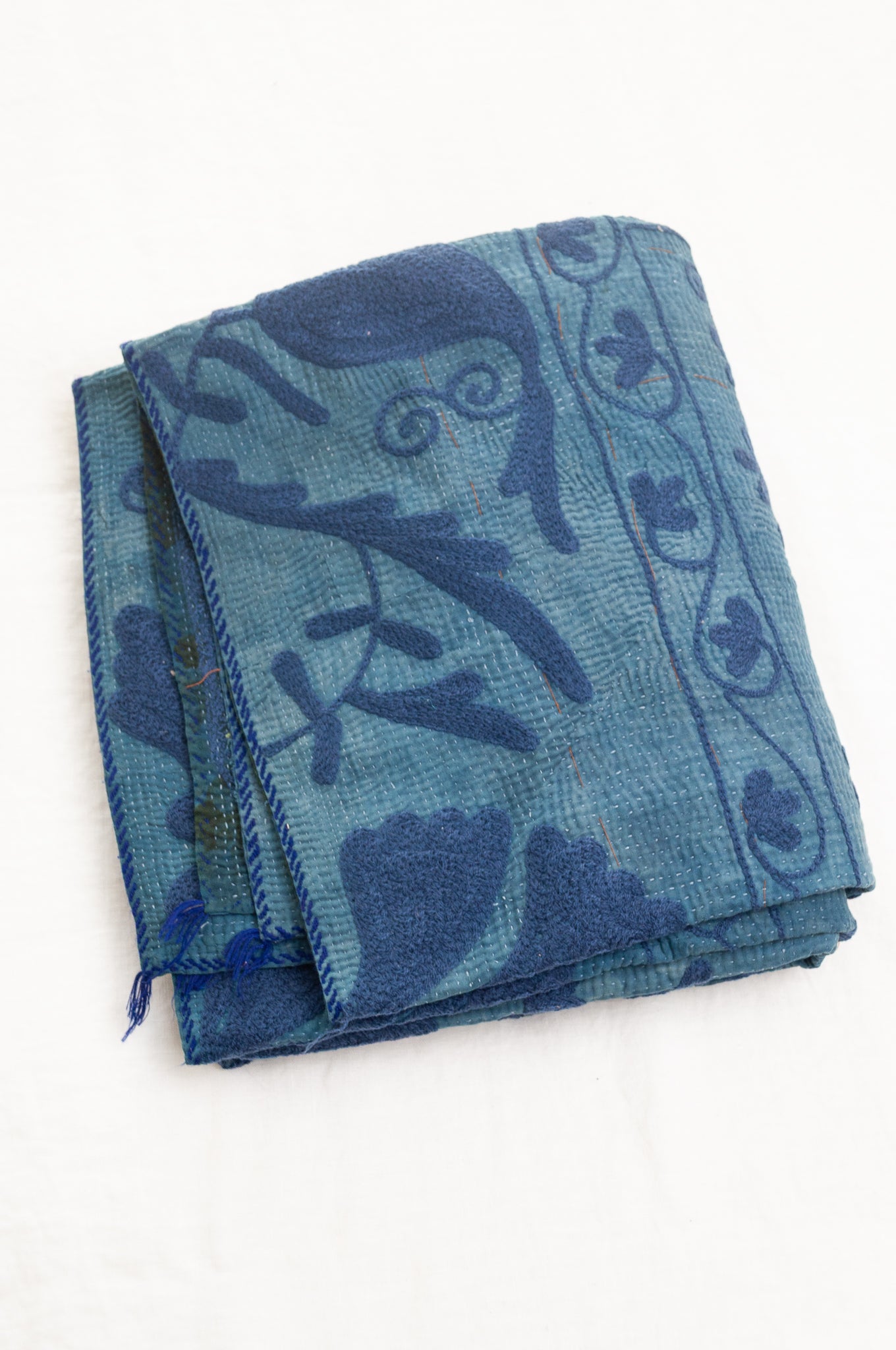 Suzani embroidered vintage kantha quilt - indigo multi