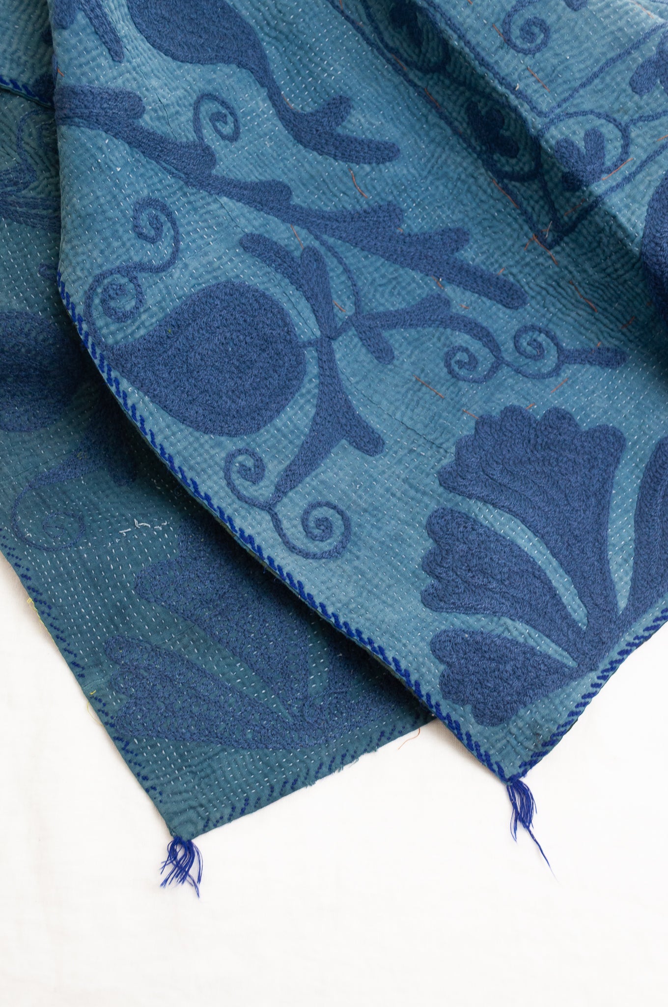 Suzani embroidered vintage kantha quilt - indigo multi