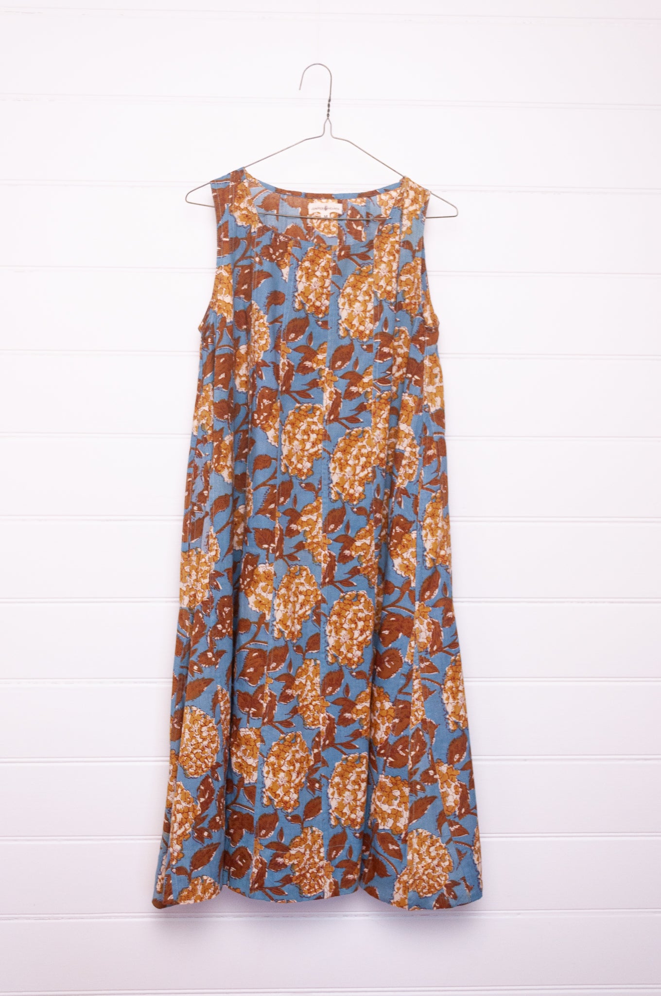 Juniper Hearth Tulsi cotton sleeveless sun dress blockprinted vintage mustard and olive hydrangea print on blue.
